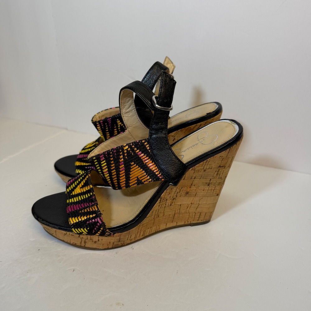 Jessica Simpson Jeisha Black Embroidered Cork Wedge Sandals JS-JEISHA 7B